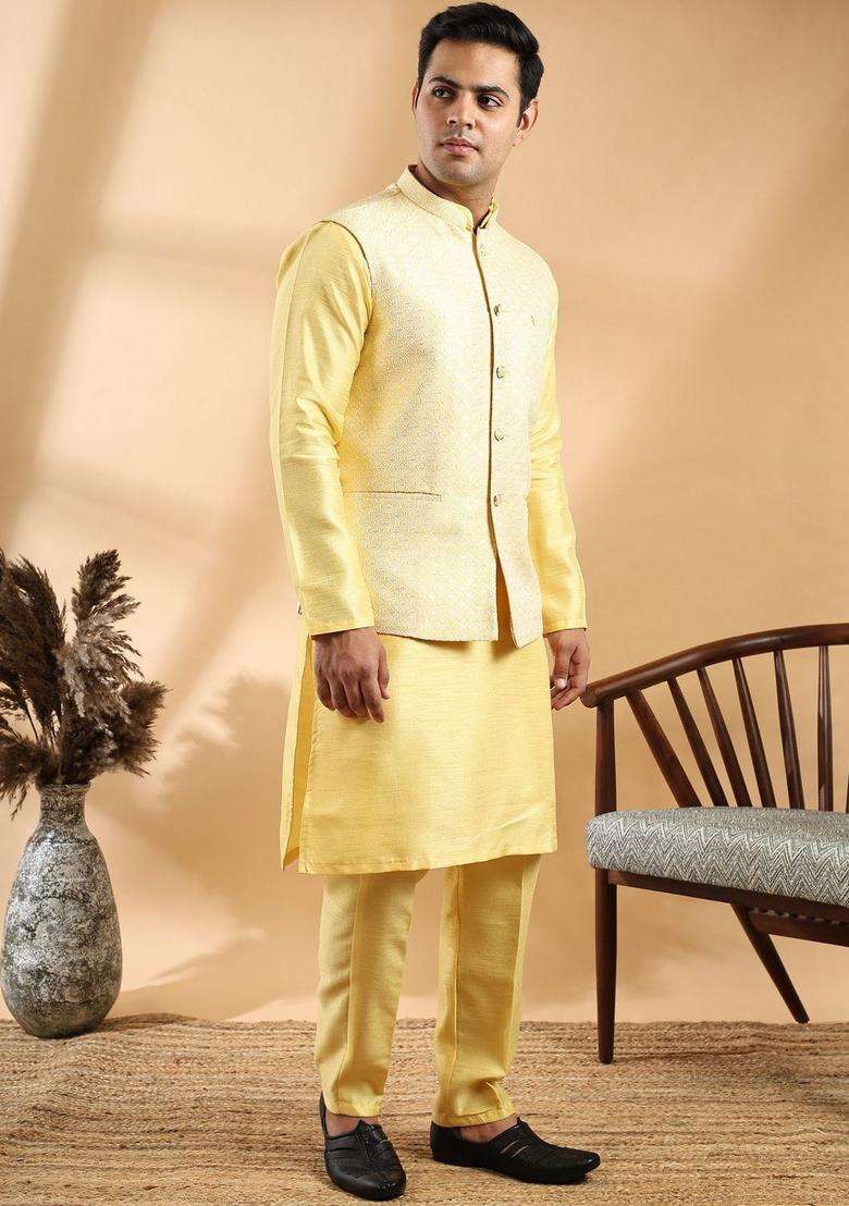Yellow Solid Silk Blend Kurta Set For Men - Indya