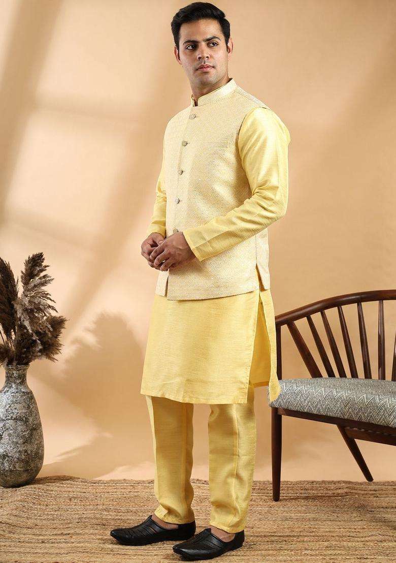 Yellow Solid Silk Blend Kurta Set For Men - Indya