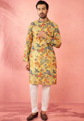 Yellow Printed Cotton Kurta Set For Men