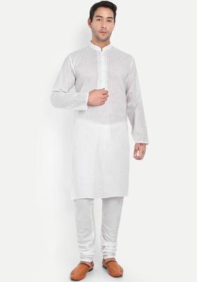 White Self Design Cotton Kurta Set For Men