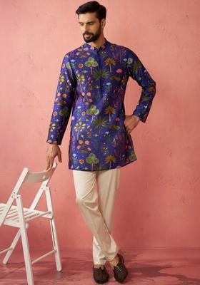 Blue Printed Silk Kurta Set For Men