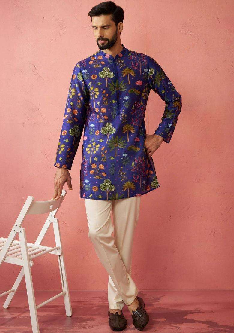 Blue Printed Silk Blend Kurta Set For Men - Indya