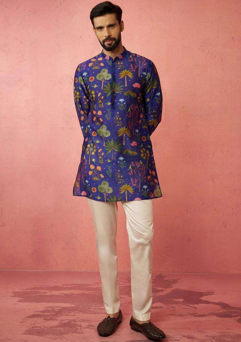 Blue Printed Silk Blend Kurta Set For Men - Indya