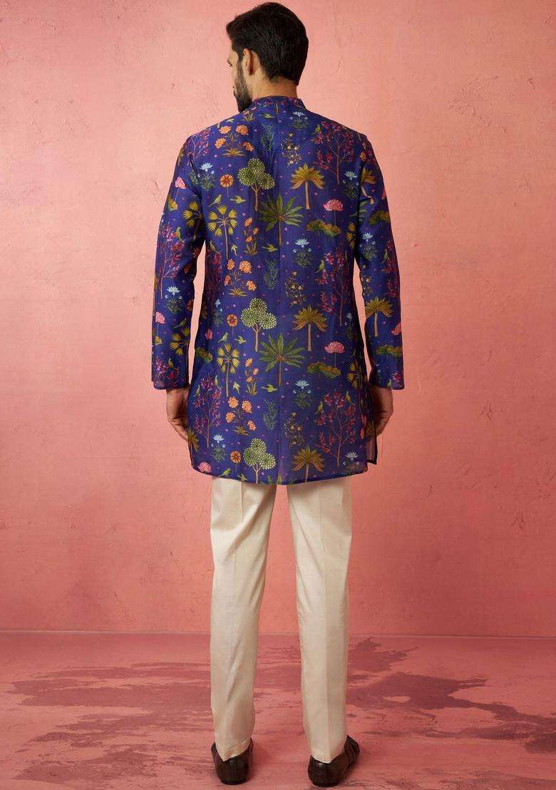 Blue Printed Silk Blend Kurta Set For Men - Indya