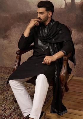 Black Embroidered Silk Kurta Set For Men