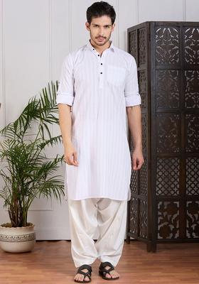 White Striped Cotton Kurta Set For Men