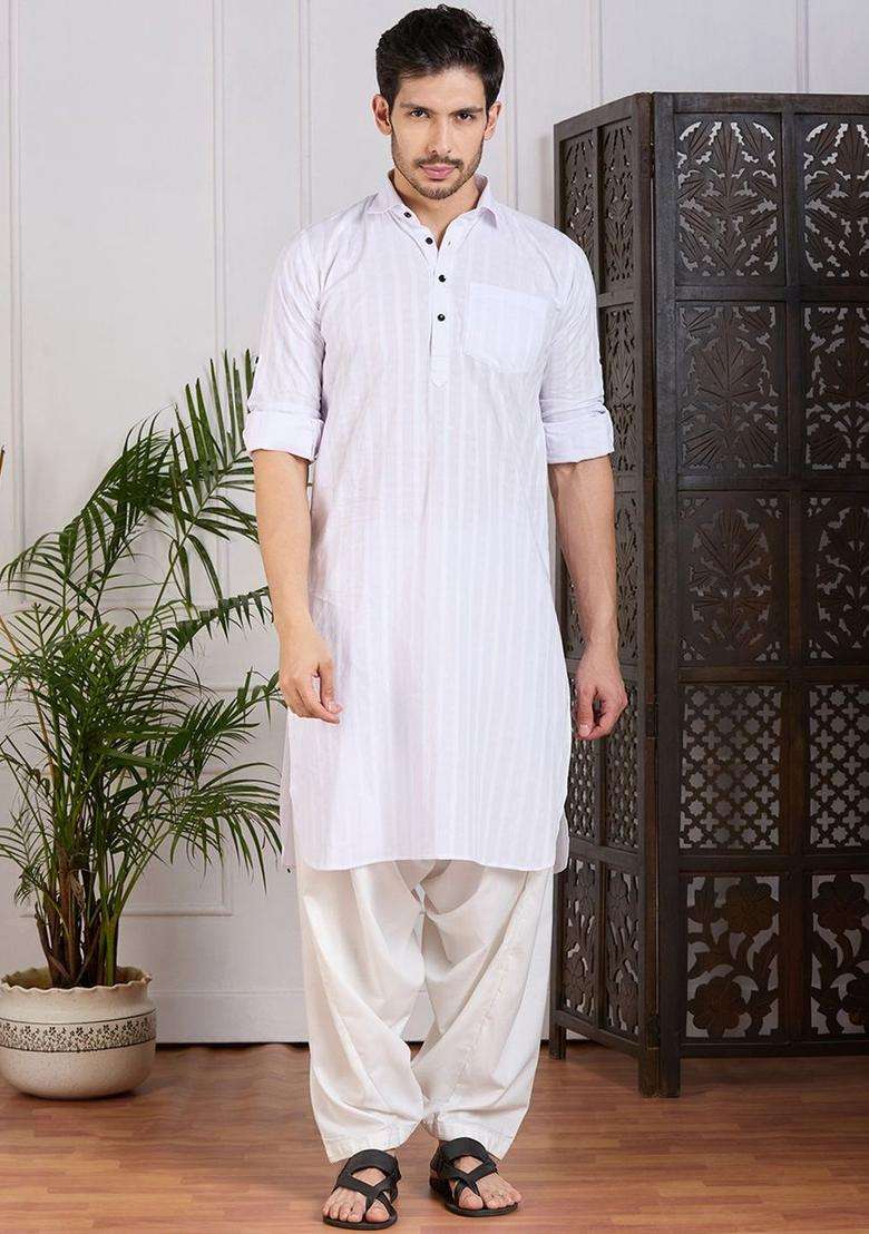 White Striped Cotton Kurta Set For Men - Indya