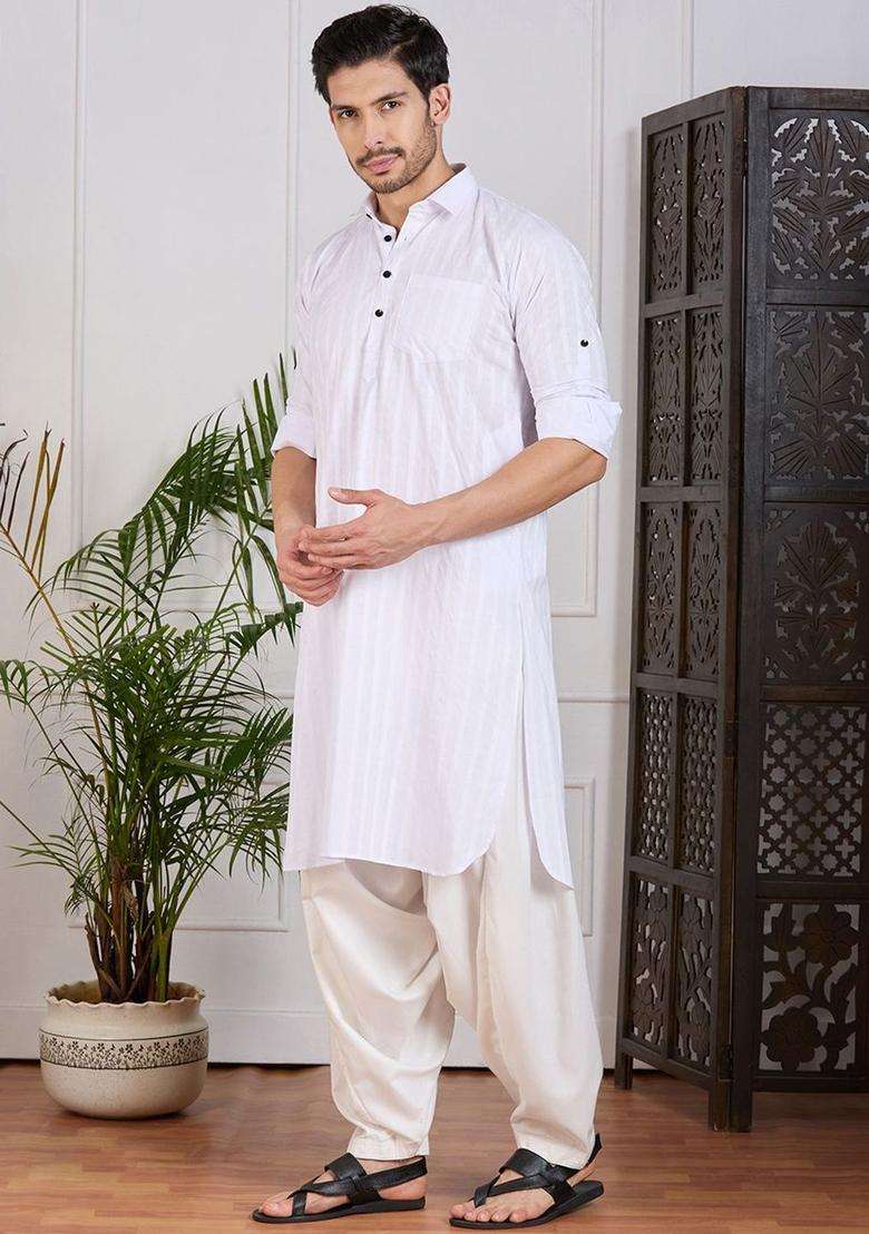 White Striped Cotton Kurta Set For Men - Indya