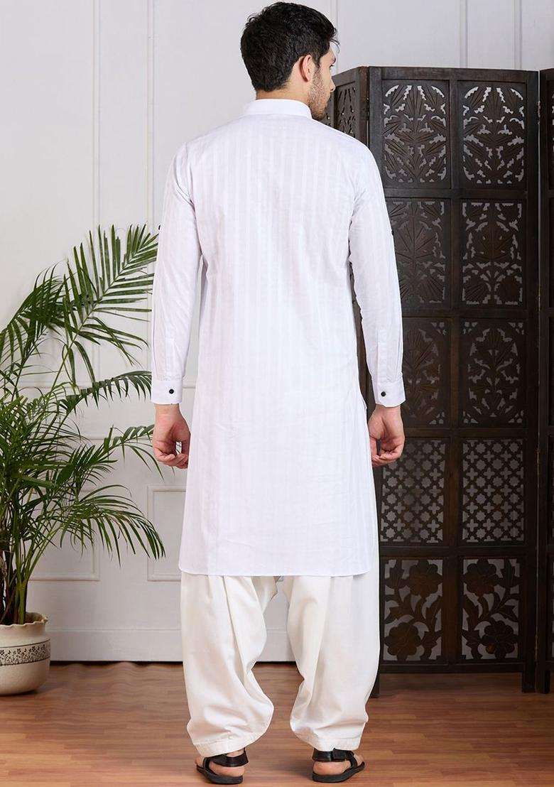 White Striped Cotton Kurta Set For Men - Indya