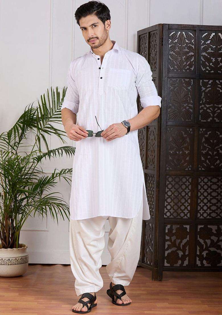 White Striped Cotton Kurta Set For Men - Indya