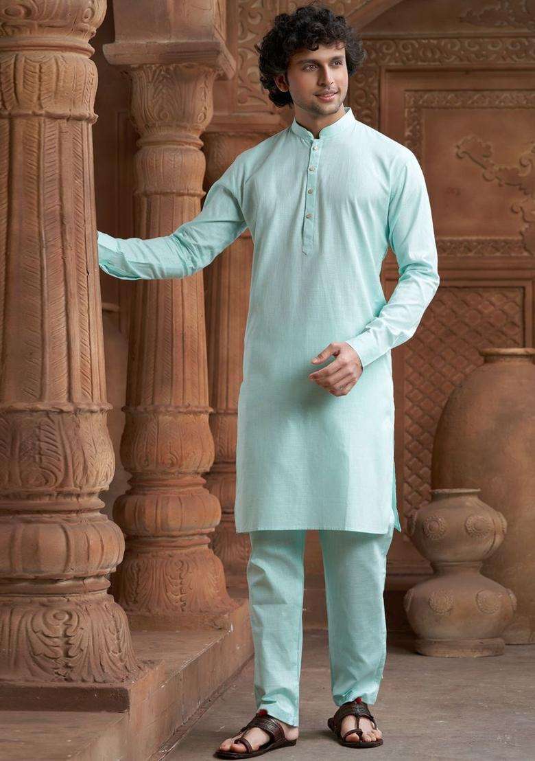 Sea Green Self Design Cotton Kurta Set For Men - Indya