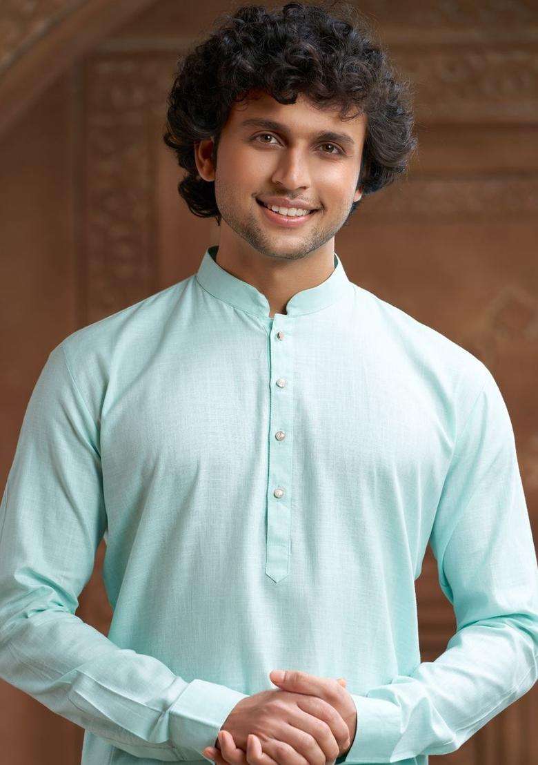 Sea Green Self Design Cotton Kurta Set For Men - Indya