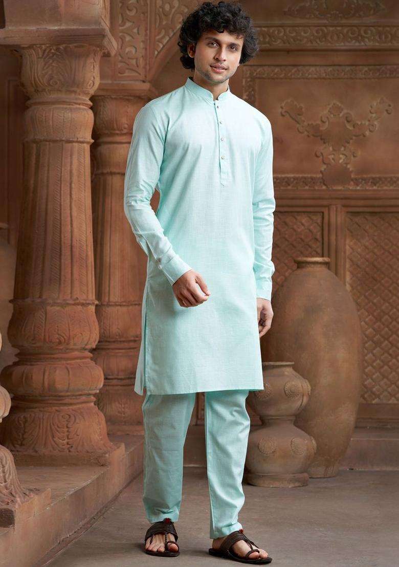 Sea Green Self Design Cotton Kurta Set For Men - Indya