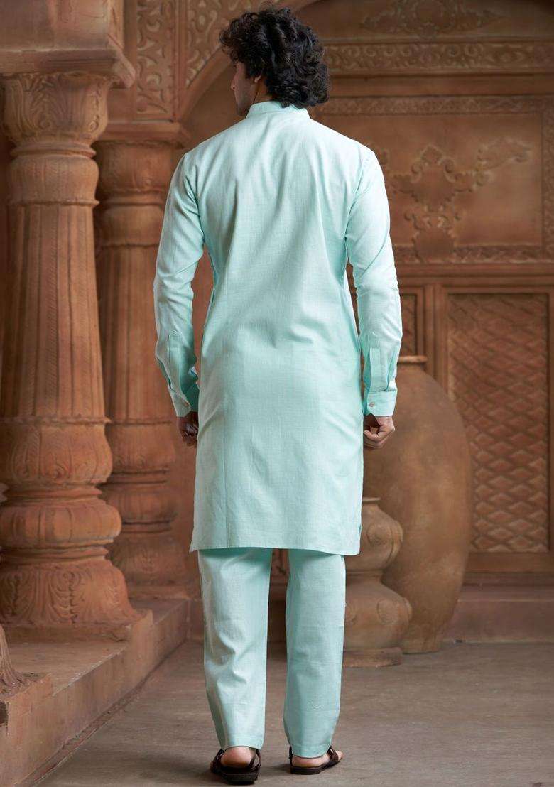 Sea Green Self Design Cotton Kurta Set For Men - Indya