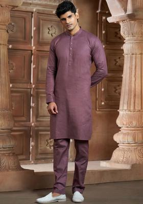 Pink Solid Cotton Kurta Set For Men