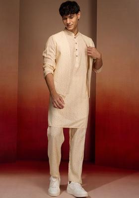Cream Printed Cotton Kurta Set For Men