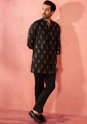 Black Embroidered Satin Kurta Set For Men