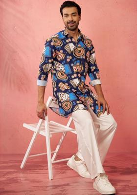 Blue Printed Viscose Kurta Set For Men