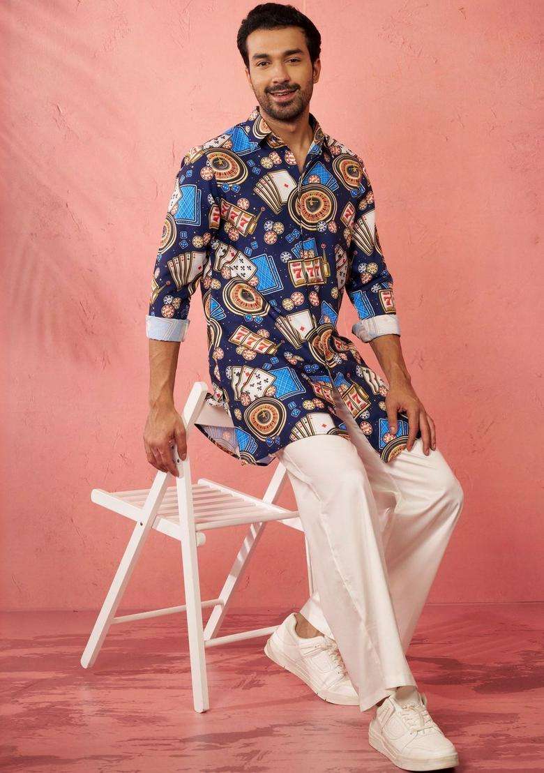 Blue Printed Viscose Kurta Set For Men - Indya