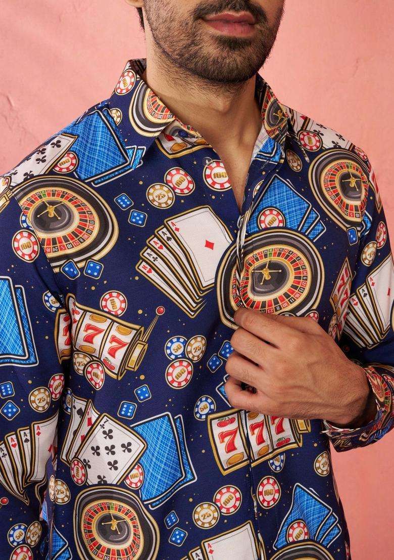 Blue Printed Viscose Kurta Set For Men - Indya