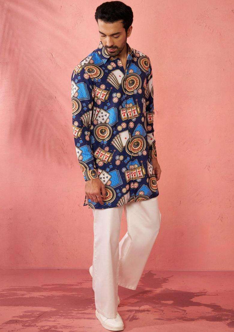 Blue Printed Viscose Kurta Set For Men - Indya