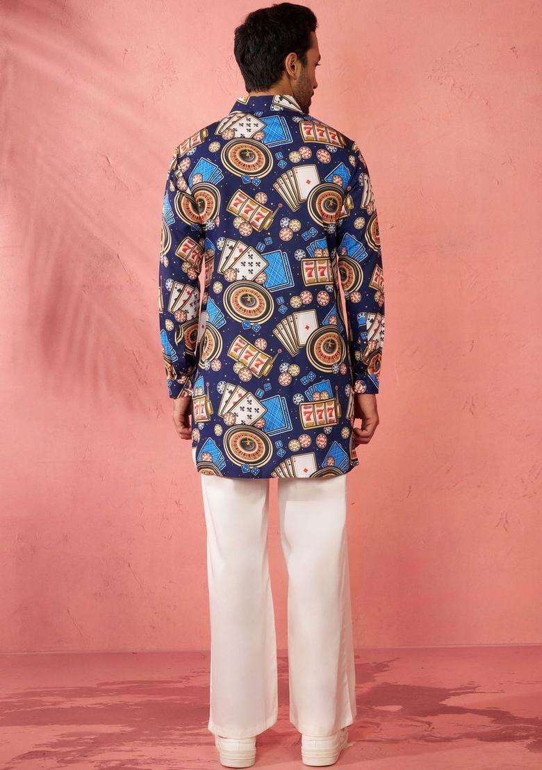 Blue Printed Viscose Kurta Set For Men - Indya