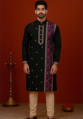 Black Embroidered Cotton Kurta Set For Men
