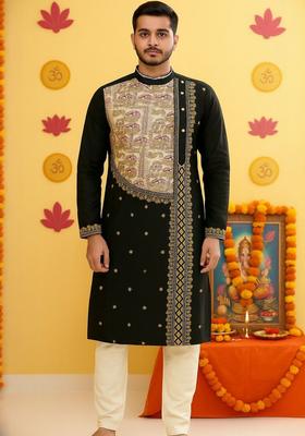 Black Embroidered Cotton Kurta Set For Men
