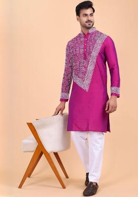 Pink Printed Cotton Kurta Set For Men