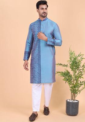 Blue Printed Cotton Kurta Set For Men