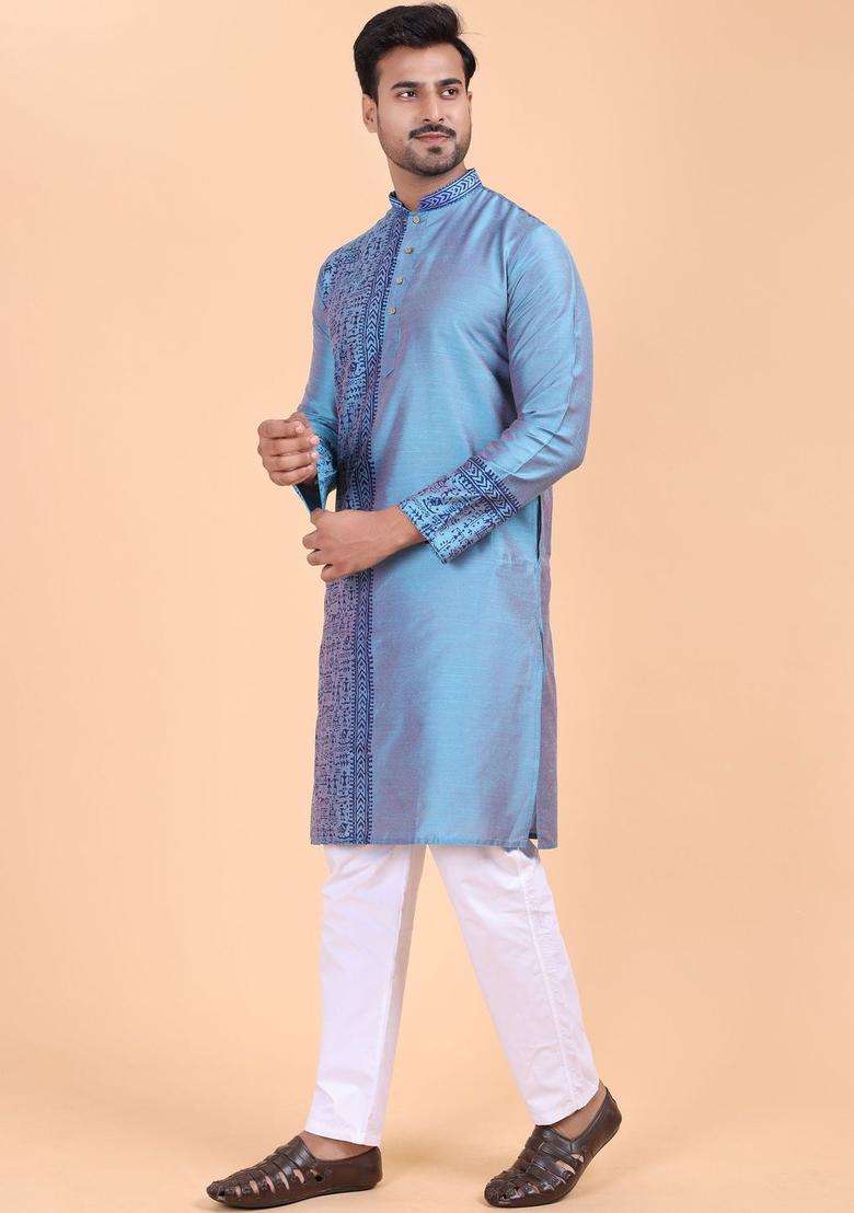 Blue Printed Cotton Kurta Set For Men - Indya