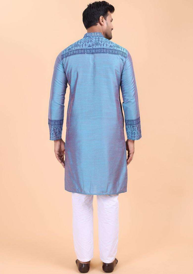 Blue Printed Cotton Kurta Set For Men - Indya