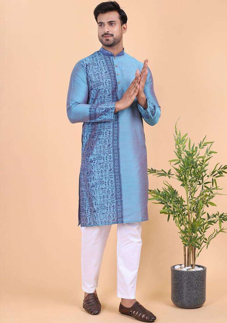 Blue Printed Cotton Kurta Set For Men - Indya