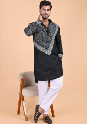 Black Printed Cotton Kurta Set For Men