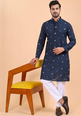 Navy Blue Printed Cotton Kurta Set For Men