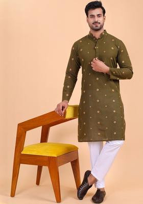 Green Printed Cotton Kurta Set For Men