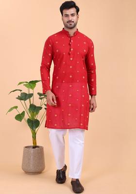 Maroon Printed Cotton Kurta Set For Men