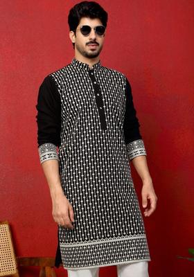 Black Printed Georgette Kurta Set For Men