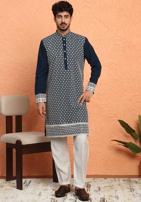 Navy Blue Printed Georgette Kurta Set For Men