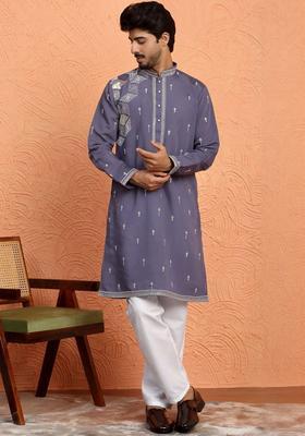 Grey Printed Silk Kurta Set For Men