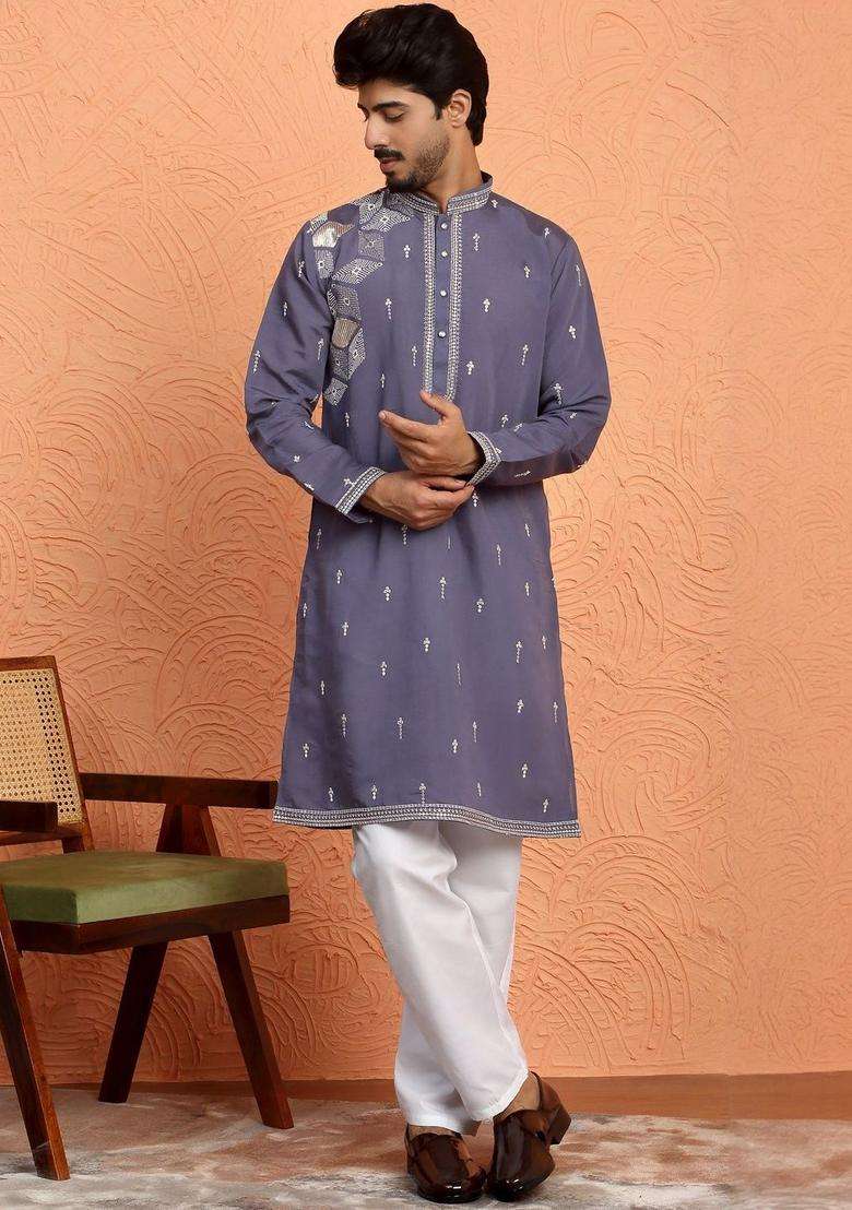 Grey Printed Silk Blend Kurta Set For Men - Indya
