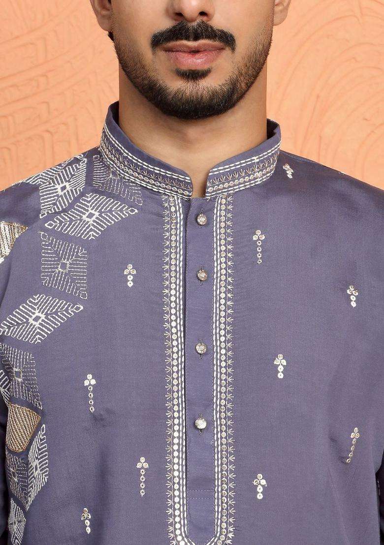 Grey Printed Silk Blend Kurta Set For Men - Indya