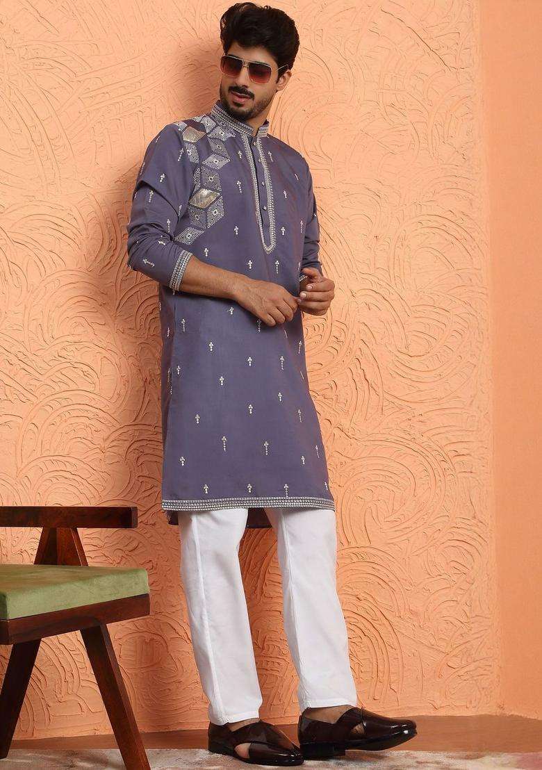 Grey Printed Silk Blend Kurta Set For Men - Indya