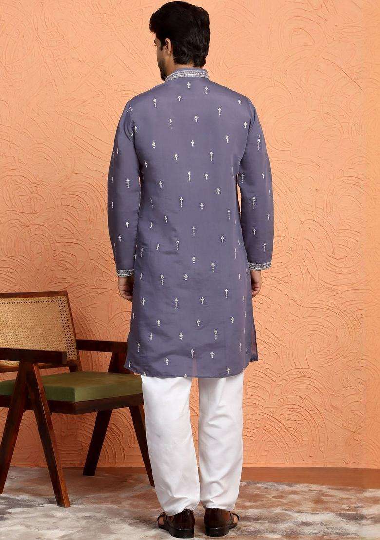 Grey Printed Silk Blend Kurta Set For Men - Indya