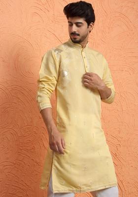 Yellow Printed Silk Kurta Set For Men
