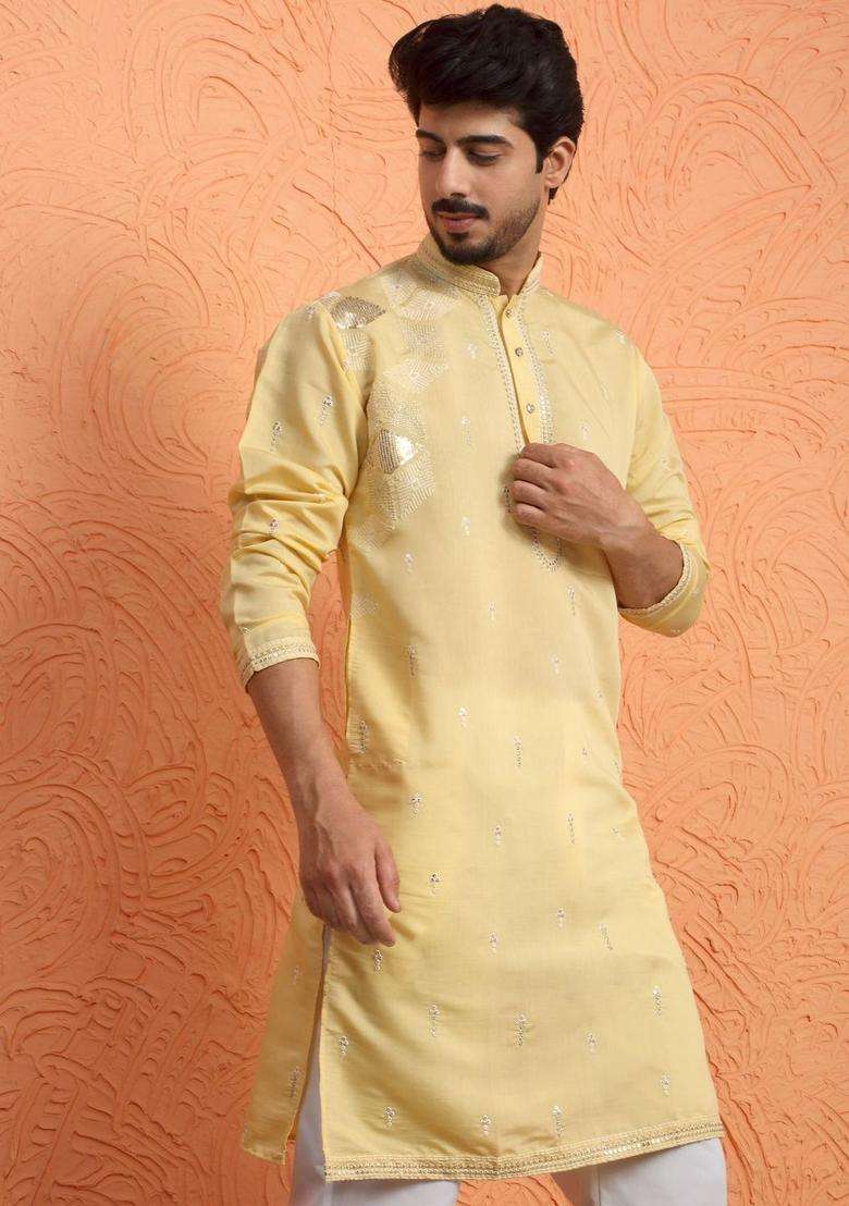 Yellow Printed Silk Blend Kurta Set For Men - Indya