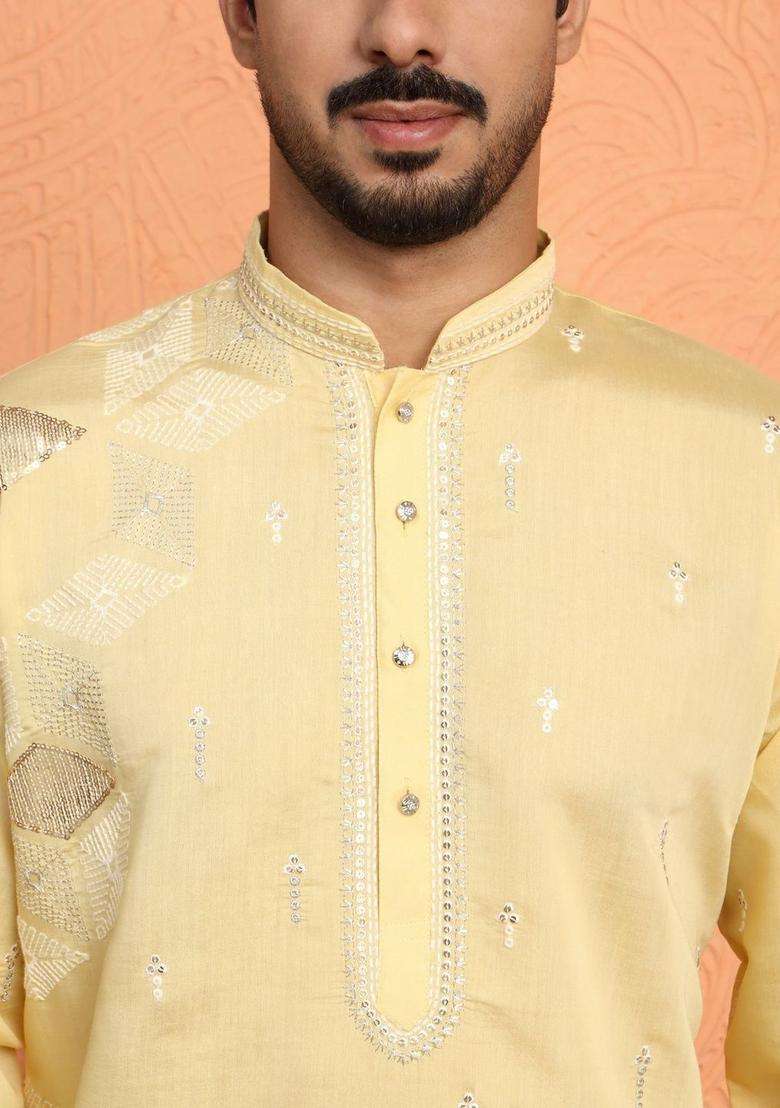 Yellow Printed Silk Blend Kurta Set For Men - Indya