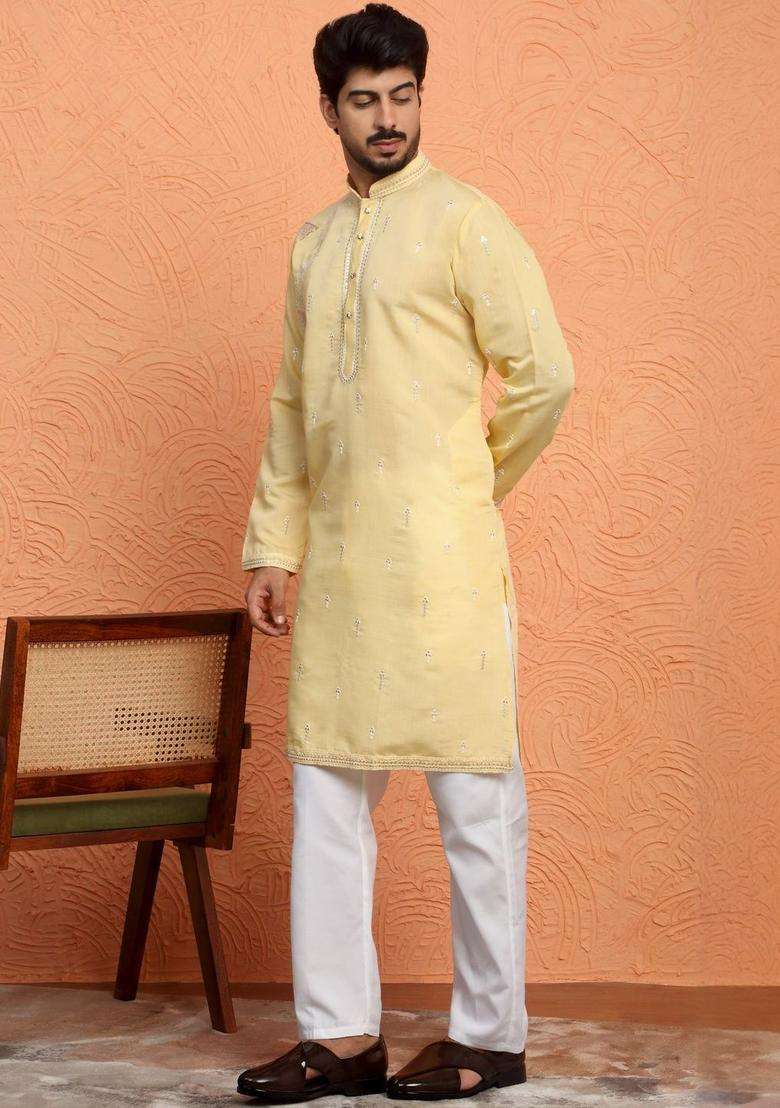 Yellow Printed Silk Blend Kurta Set For Men - Indya