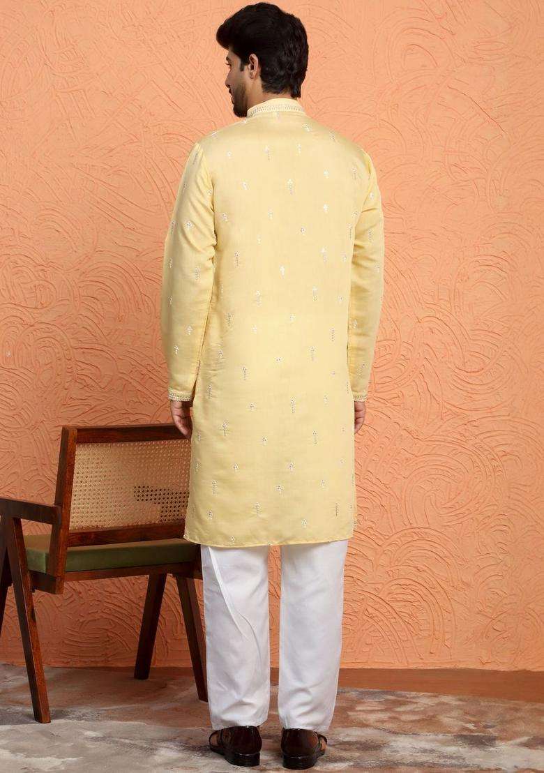 Yellow Printed Silk Blend Kurta Set For Men - Indya