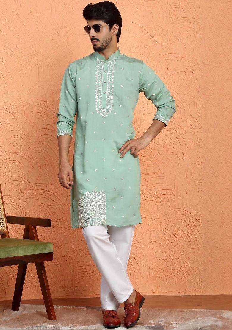 Sea Green Embroidered Silk Blend Kurta Set For Men - Indya